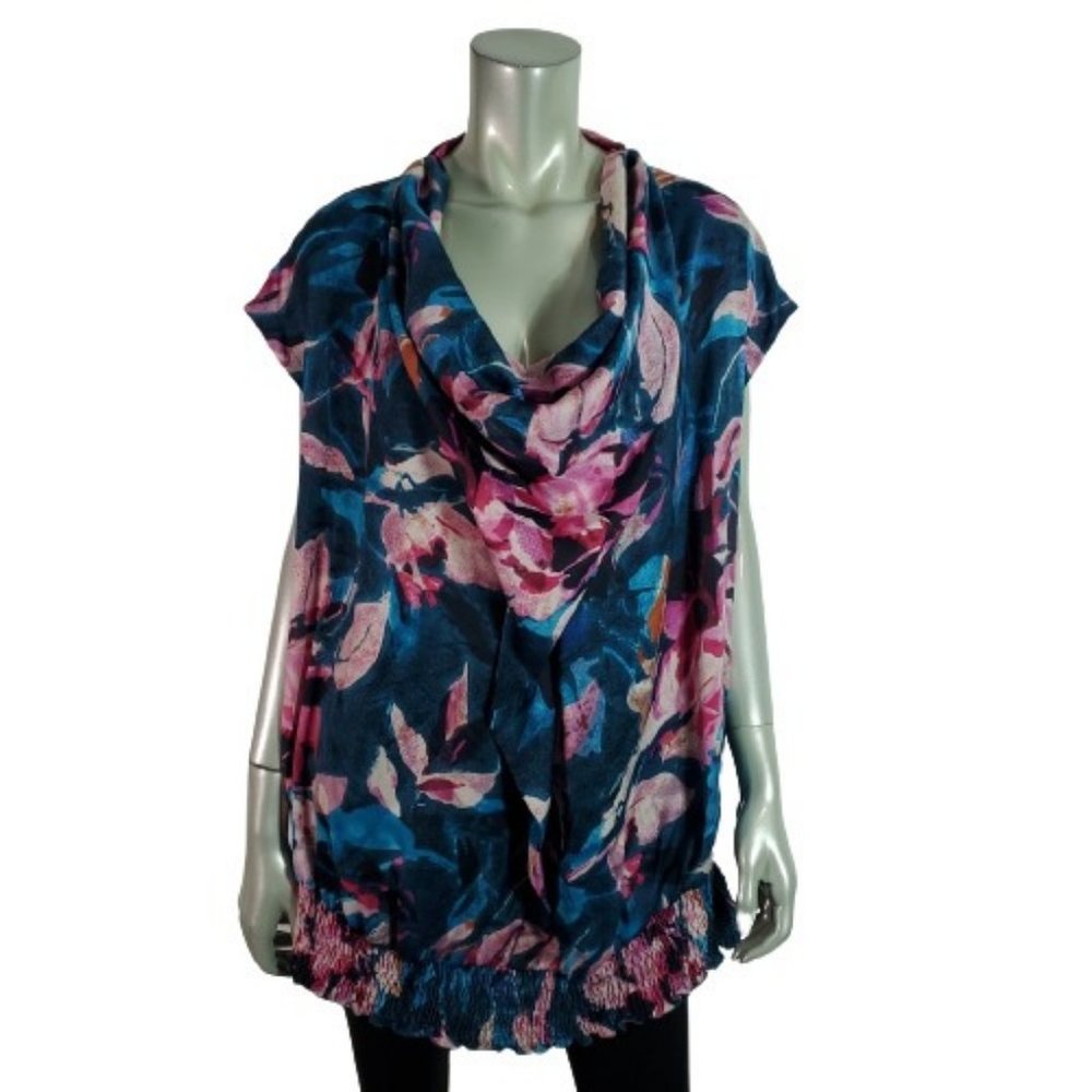 Lane Bryant Top Plus Size 18/20 Draped Neck Elastic Hem Floral Pullover Blue